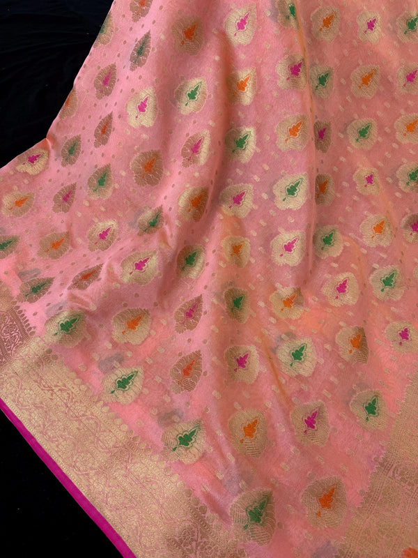 Peach Pink Color Semi Banarasi Silk Saree with Buttas and Meenakari Weaving with Brocade Blouse | Banarasi Sarees | Gift for Her