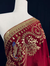 Maroon Red Color Pure Viscose Dupatta with Gold Gottapati |  Wedding Dupatta | Dupatta for Lehanga | Floral Dupatta with Peacock Motif