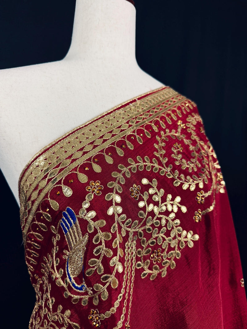 Maroon Red Color Pure Viscose Dupatta with Gold Gottapati |  Wedding Dupatta | Dupatta for Lehanga | Floral Dupatta with Peacock Motif