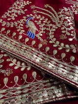 Maroon Red Color Pure Viscose Dupatta with Gold Gottapati |  Wedding Dupatta | Dupatta for Lehanga | Floral Dupatta with Peacock Motif