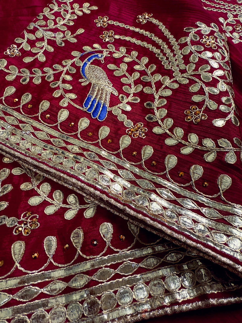 Maroon Red Color Pure Viscose Dupatta with Gold Gottapati |  Wedding Dupatta | Dupatta for Lehanga | Floral Dupatta with Peacock Motif