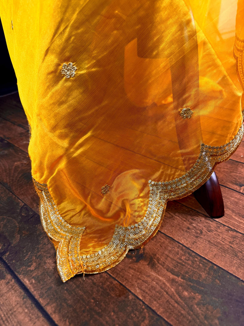 Yellow  Color Soft Organza Dupatta with Embroidery, Sequin and Zari on Borders with small buttis | Dupatta ships from Califonia