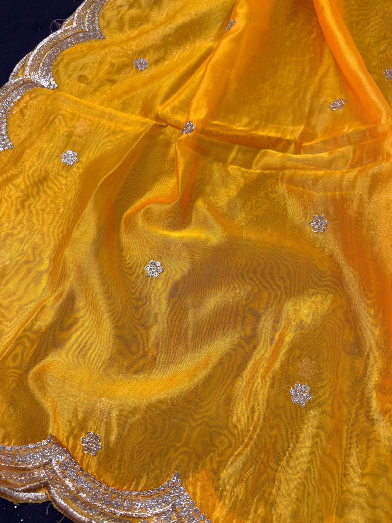 Yellow  Color Soft Organza Dupatta with Embroidery, Sequin and Zari on Borders with small buttis | Dupatta ships from Califonia