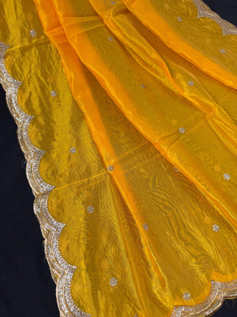 Yellow  Color Soft Organza Dupatta with Embroidery, Sequin and Zari on Borders with small buttis | Dupatta ships from Califonia