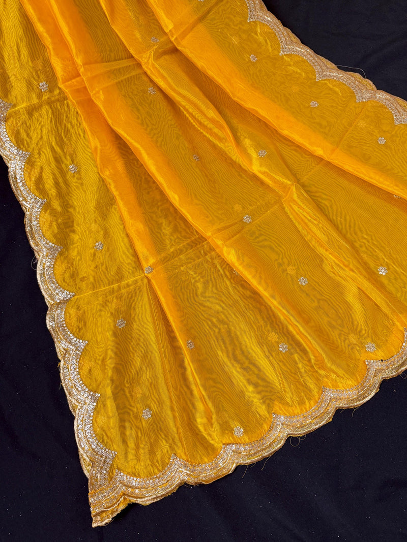 Yellow  Color Soft Organza Dupatta with Embroidery, Sequin and Zari on Borders with small buttis | Dupatta ships from Califonia
