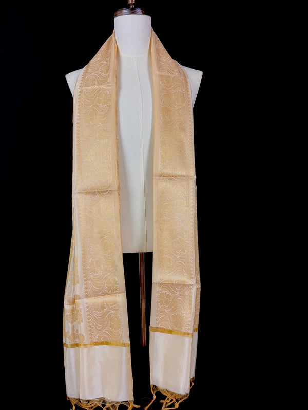 Unisex Cream Off White Color Floral Jaal Soft Banarasi Silk Dupatta | Light Weight | Indian Dupatta | Stole | Scarf | Stoles Men and Women