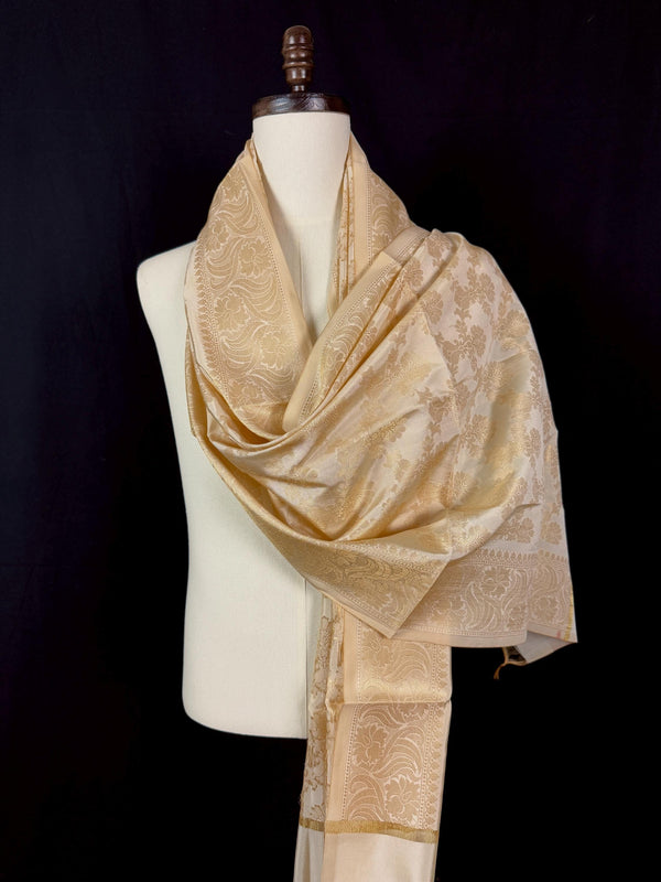 Unisex Cream Off White Color Floral Jaal Soft Banarasi Silk Dupatta | Light Weight | Indian Dupatta | Stole | Scarf | Stoles Men and Women