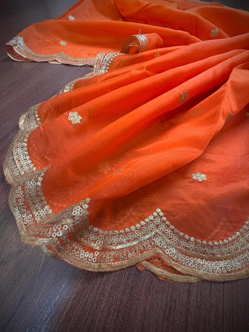 Orange Color Soft Organza Dupatta with Embroidery, Sequin and Zari on Borders with small buttis | Dupatta ships from Califonia