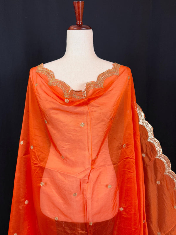 Orange Color Soft Organza Dupatta with Embroidery, Sequin and Zari on Borders with small buttis | Dupatta ships from Califonia