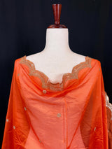 Orange Color Soft Organza Dupatta with Embroidery, Sequin and Zari on Borders with small buttis | Dupatta ships from Califonia