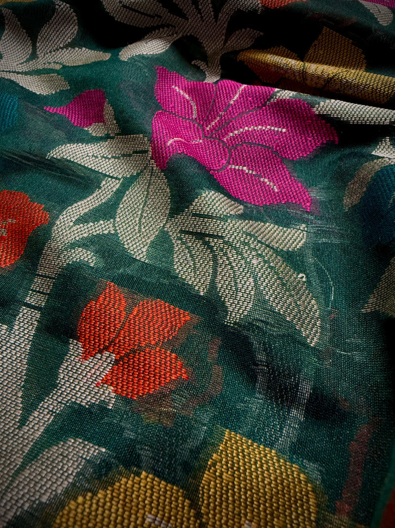 Green Color Benarasi Handwoven Cotton Silk Dupatta with Meenkari and Resham Weaving | Floral Jaal Dupatta | Dupatta for Lehanga Dupatta