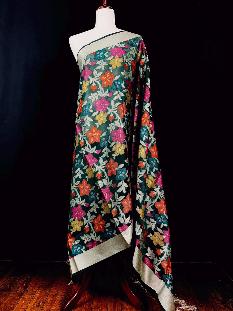 Green Color Benarasi Handwoven Cotton Silk Dupatta with Meenkari and Resham Weaving | Floral Jaal Dupatta | Dupatta for Lehanga Dupatta