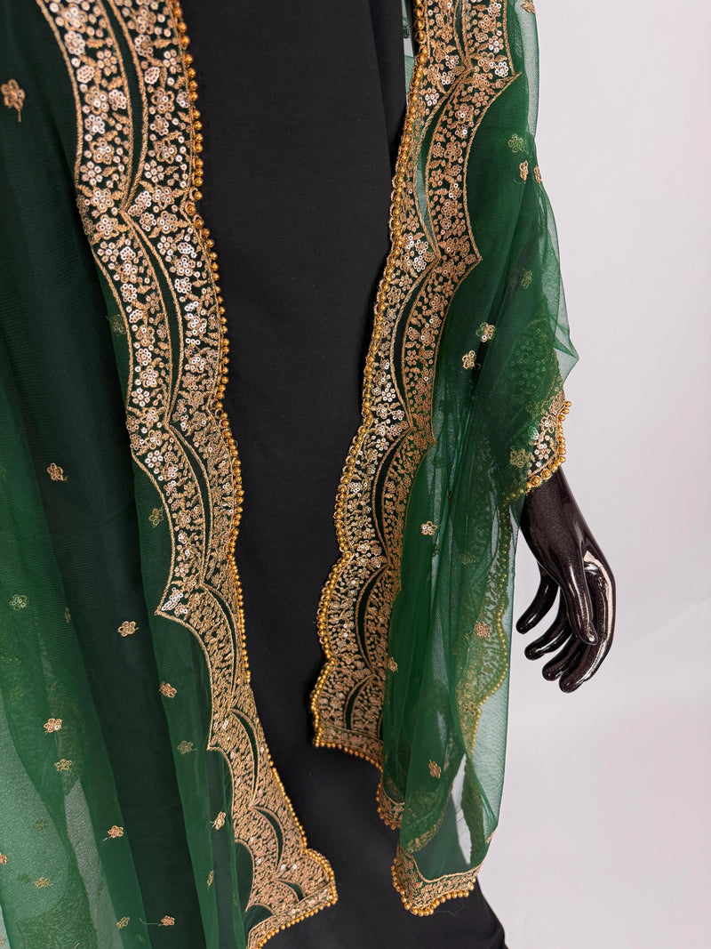 Bottle Green Color Net Dupatta with Gold Zari, Sequin and Bead  | Sequin Dupatta | Indian Dupatta for Lehanga | Weddding, Party Wear Dupatta