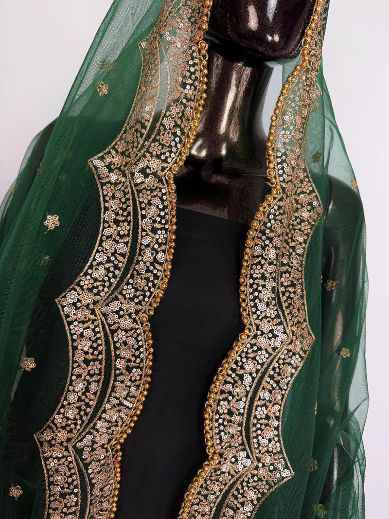 Bottle Green Color Net Dupatta with Gold Zari, Sequin and Bead  | Sequin Dupatta | Indian Dupatta for Lehanga | Weddding, Party Wear Dupatta