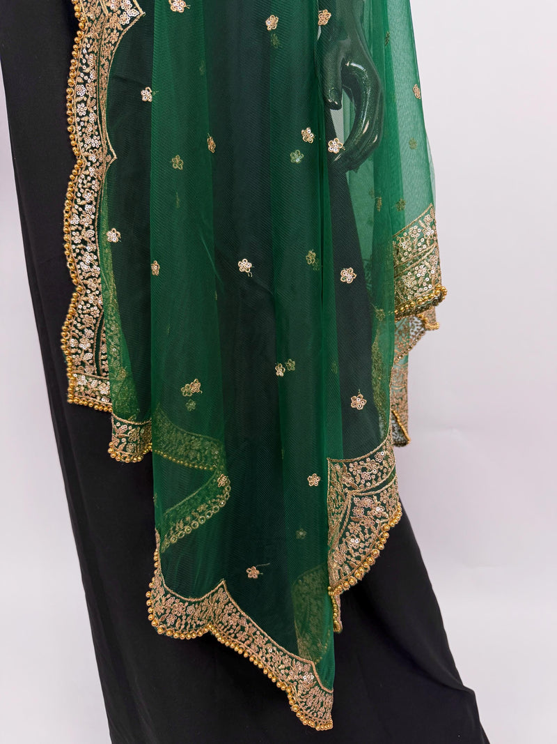 Bottle Green Color Net Dupatta with Gold Zari, Sequin and Bead  | Sequin Dupatta | Indian Dupatta for Lehanga | Weddding, Party Wear Dupatta
