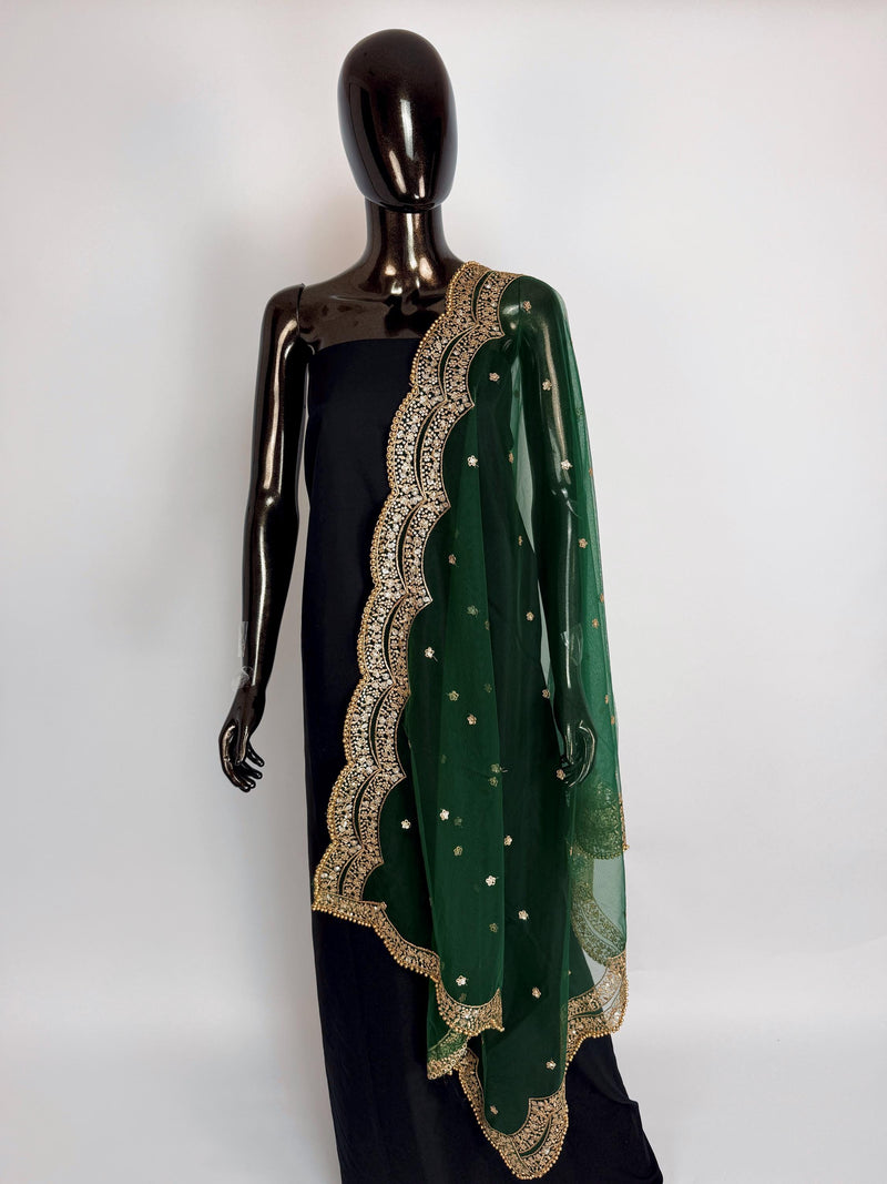 Bottle Green Color Net Dupatta with Gold Zari, Sequin and Bead  | Sequin Dupatta | Indian Dupatta for Lehanga | Weddding, Party Wear Dupatta