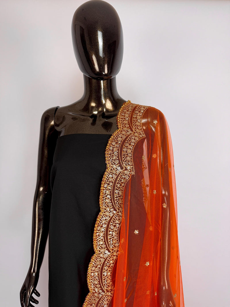 Orange Color Net Dupatta with Gold Zari, Sequin and Bead  | Sequin Dupatta | Indian Dupatta for Lehanga | Weddding, Party Wear Dupatta