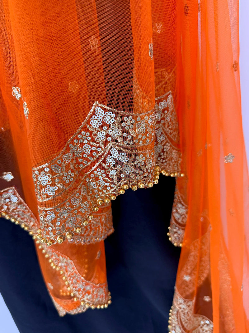Orange Color Net Dupatta with Gold Zari, Sequin and Bead  | Sequin Dupatta | Indian Dupatta for Lehanga | Weddding, Party Wear Dupatta