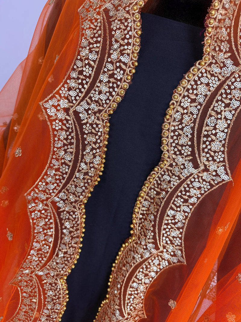 Orange Color Net Dupatta with Gold Zari, Sequin and Bead  | Sequin Dupatta | Indian Dupatta for Lehanga | Weddding, Party Wear Dupatta