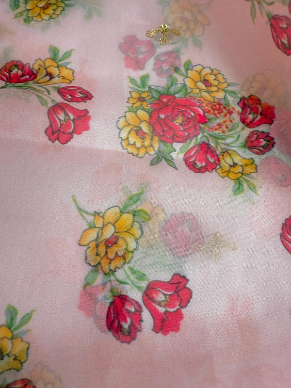 Baby Pink Color Soft Organza Dupatta with Embroidery, Sequin and Zari with Floral Digital Prints | Light Weight Dupatta | Floral Dupattas