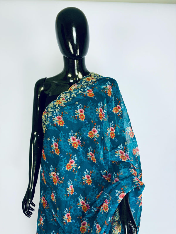 Teal Color Soft Organza Dupatta with Embroidery, Sequin and Zari with Floral Digital Prints | Teal Color Dupatta | Floral Organza Dupatta
