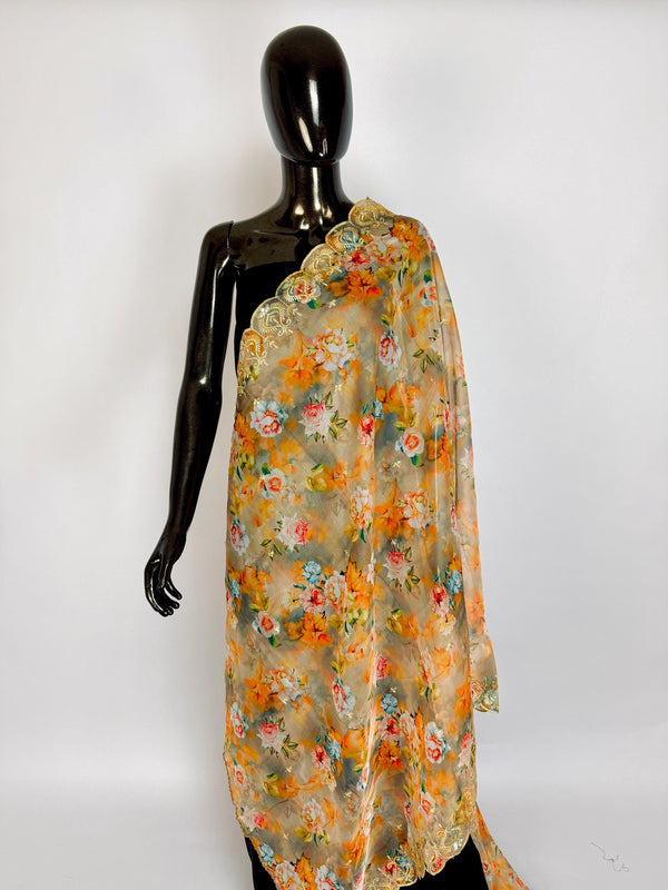 Multi Color Soft Organza Dupatta with Embroidery, Sequin and Zari with Floral Digital Prints | Teal Color Dupatta | Floral Organza Dupatta
