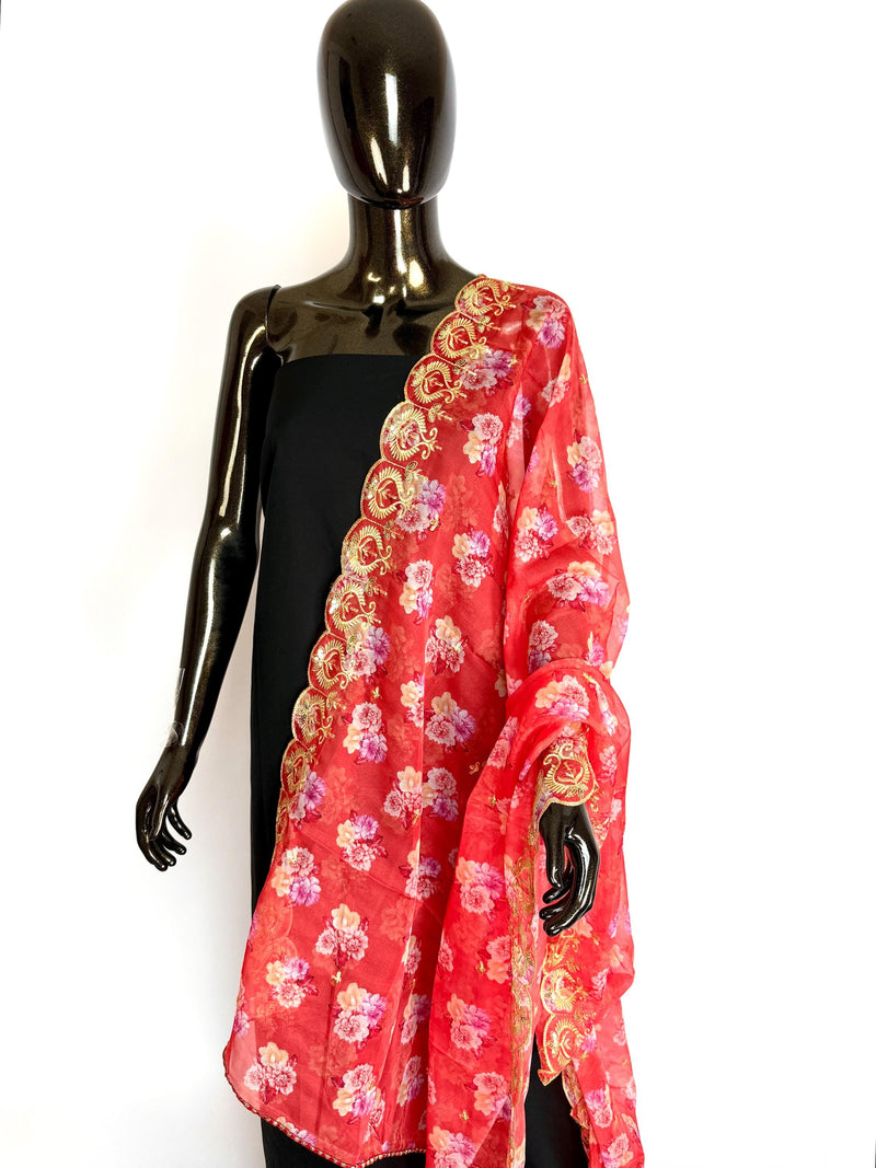 Peach Color Soft Organza Dupatta with Embroidery, Sequin and Zari with Floral Digital Prints | Peach Color Dupatta | Floral Organza Dupatta