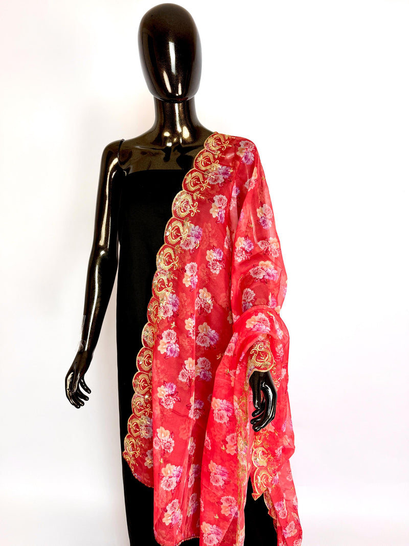 Peach Color Soft Organza Dupatta with Embroidery, Sequin and Zari with Floral Digital Prints | Peach Color Dupatta | Floral Organza Dupatta