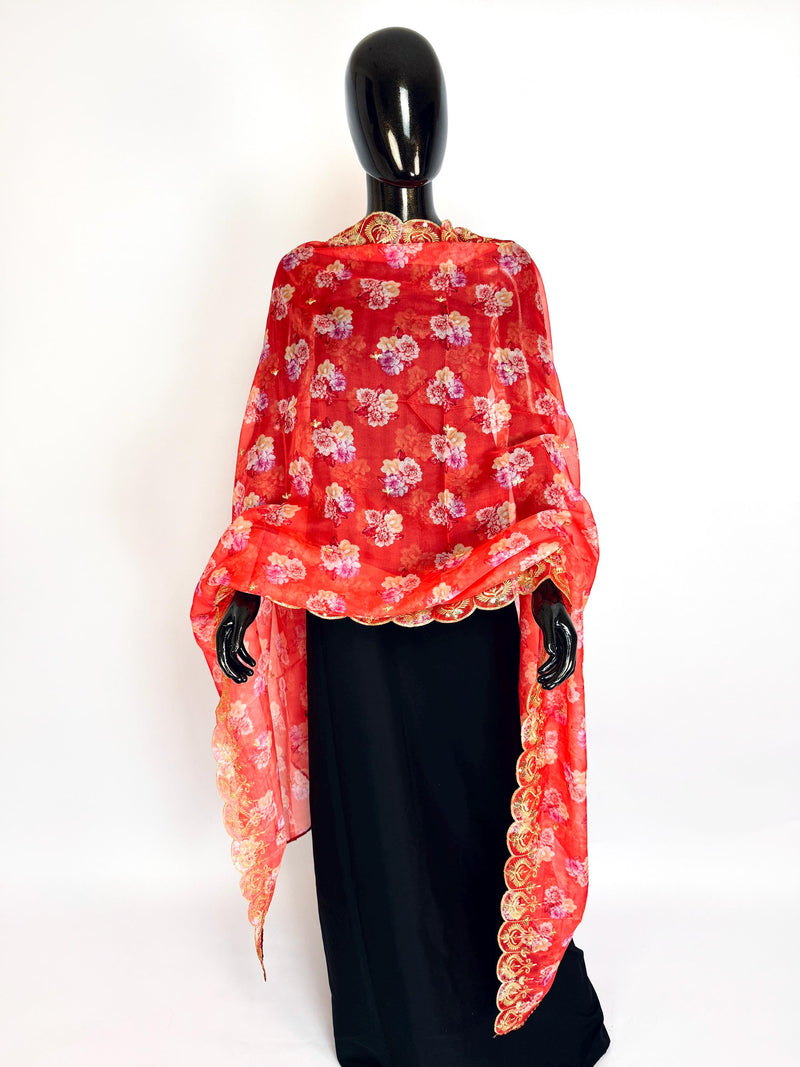 Peach Color Soft Organza Dupatta with Embroidery, Sequin and Zari with Floral Digital Prints | Peach Color Dupatta | Floral Organza Dupatta