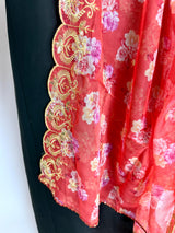 Peach Color Soft Organza Dupatta with Embroidery, Sequin and Zari with Floral Digital Prints | Peach Color Dupatta | Floral Organza Dupatta