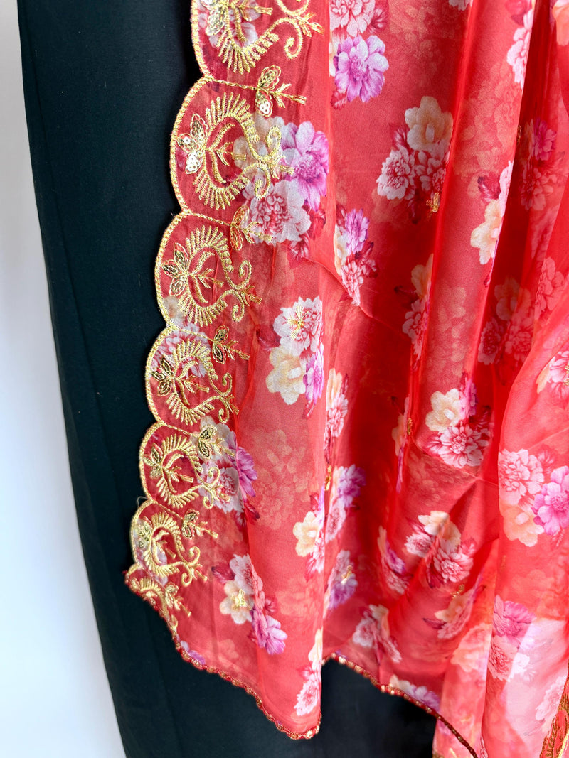 Peach Color Soft Organza Dupatta with Embroidery, Sequin and Zari with Floral Digital Prints | Peach Color Dupatta | Floral Organza Dupatta