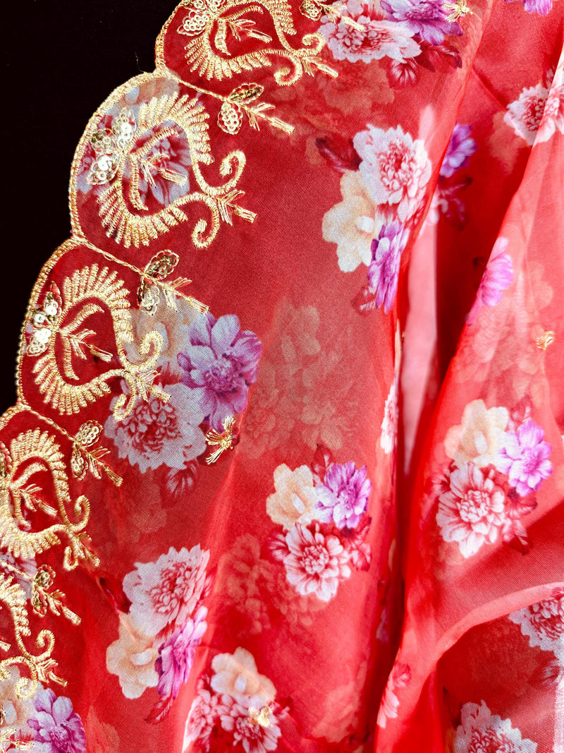 Peach Color Soft Organza Dupatta with Embroidery, Sequin and Zari with Floral Digital Prints | Peach Color Dupatta | Floral Organza Dupatta
