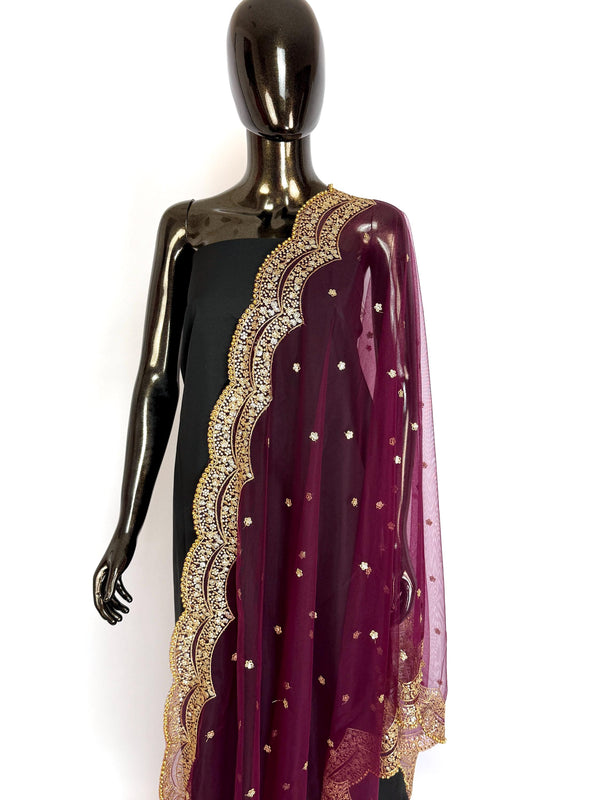 Wine Color Net Dupatta with Gold Zari, Sequin and Bead  | Sequin Dupatta | Indian Dupatta for Lehanga | Weddding, Party Wear Dupatta