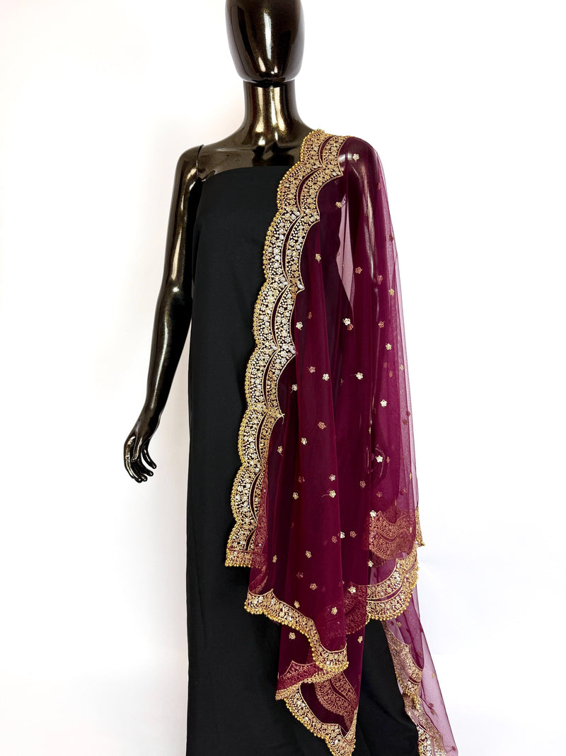 Wine Color Net Dupatta with Gold Zari, Sequin and Bead  | Sequin Dupatta | Indian Dupatta for Lehanga | Weddding, Party Wear Dupatta