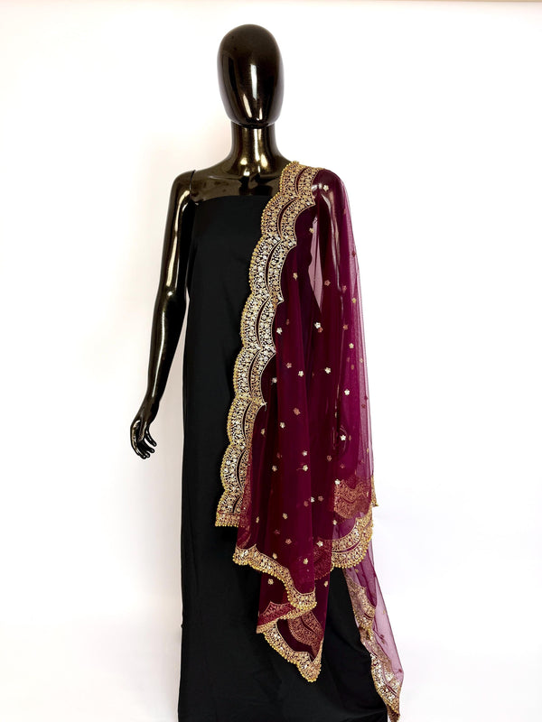 Wine Color Net Dupatta with Gold Zari, Sequin and Bead  | Sequin Dupatta | Indian Dupatta for Lehanga | Weddding, Party Wear Dupatta