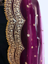 Wine Color Net Dupatta with Gold Zari, Sequin and Bead  | Sequin Dupatta | Indian Dupatta for Lehanga | Weddding, Party Wear Dupatta