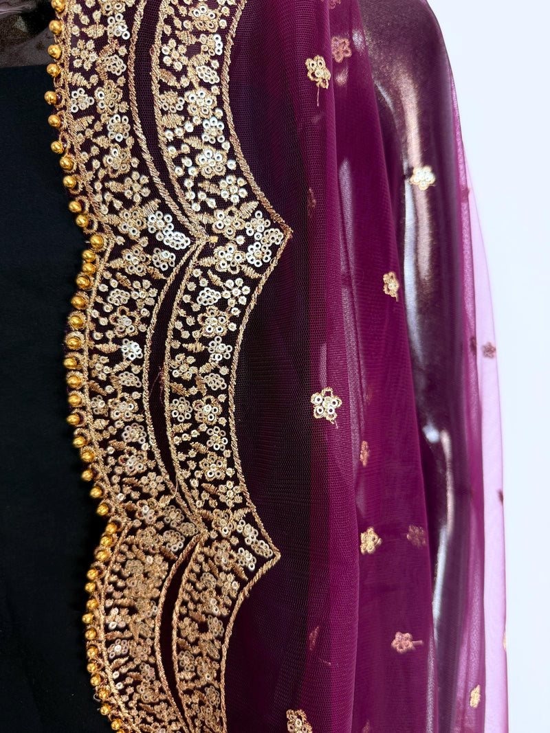 Wine Color Net Dupatta with Gold Zari, Sequin and Bead  | Sequin Dupatta | Indian Dupatta for Lehanga | Weddding, Party Wear Dupatta