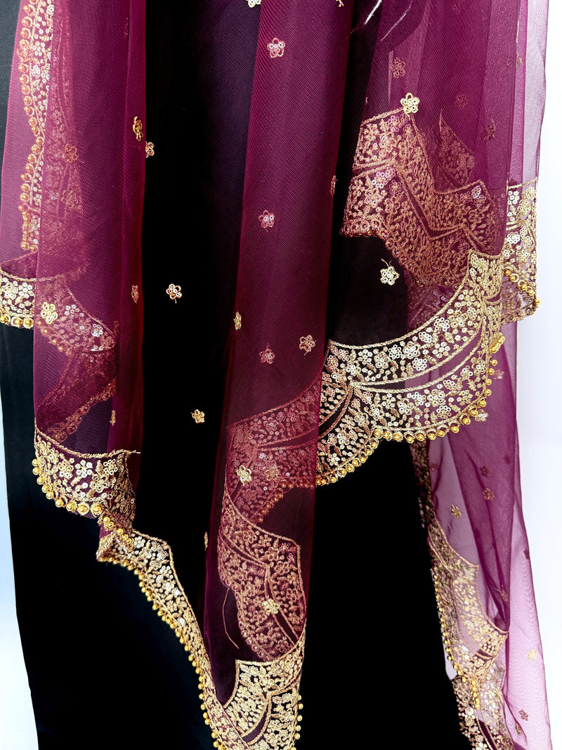 Wine Color Net Dupatta with Gold Zari, Sequin and Bead  | Sequin Dupatta | Indian Dupatta for Lehanga | Weddding, Party Wear Dupatta