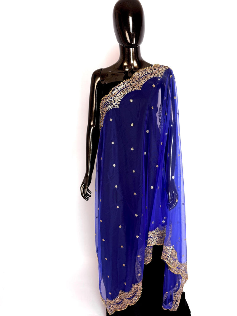 Royal Blue Color Net Dupatta with Gold Zari, Sequin and Bead  | Sequin Dupatta | Indian Dupatta for Lehanga | Weddding, Party Wear Dupatta