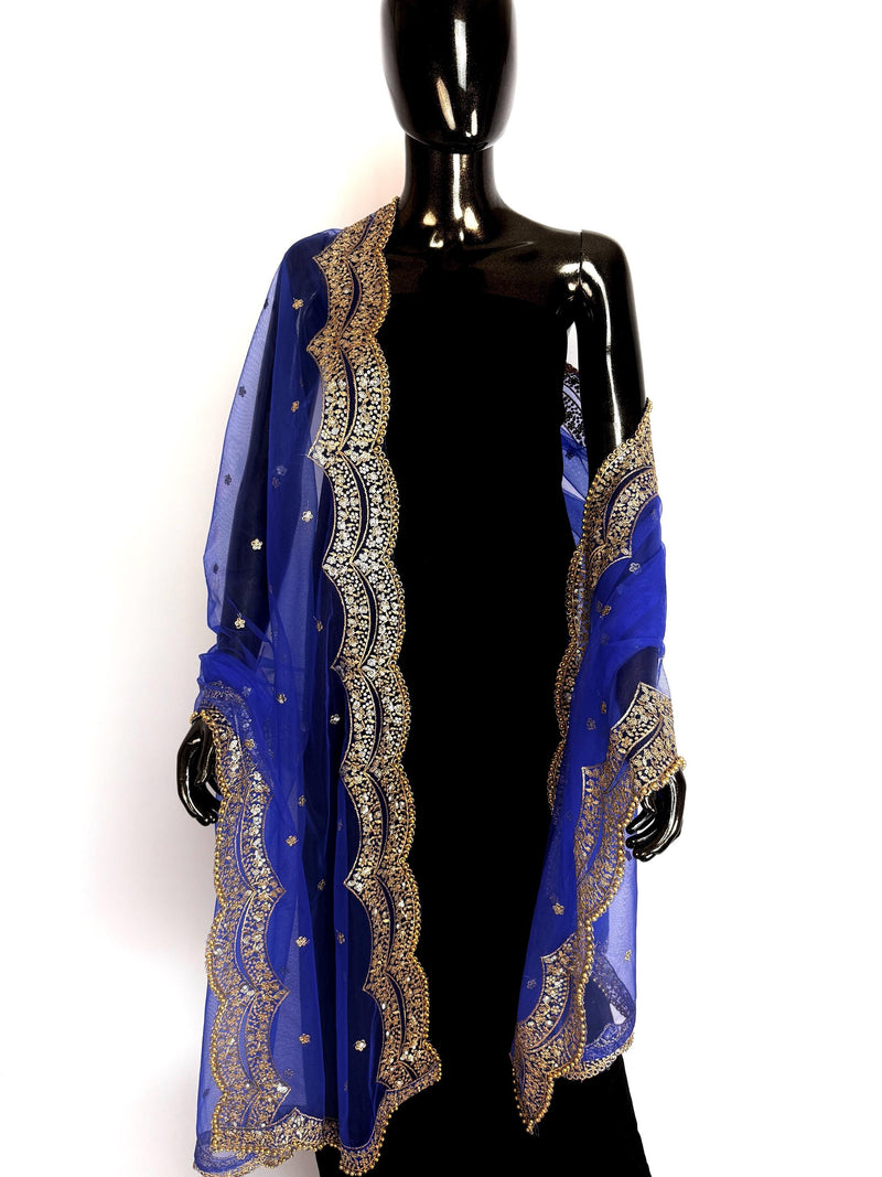 Royal Blue Color Net Dupatta with Gold Zari, Sequin and Bead  | Sequin Dupatta | Indian Dupatta for Lehanga | Weddding, Party Wear Dupatta
