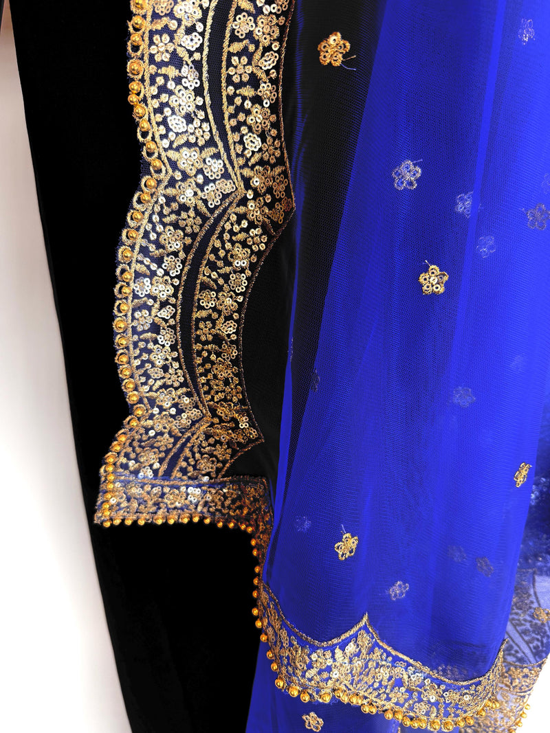 Royal Blue Color Net Dupatta with Gold Zari, Sequin and Bead  | Sequin Dupatta | Indian Dupatta for Lehanga | Weddding, Party Wear Dupatta