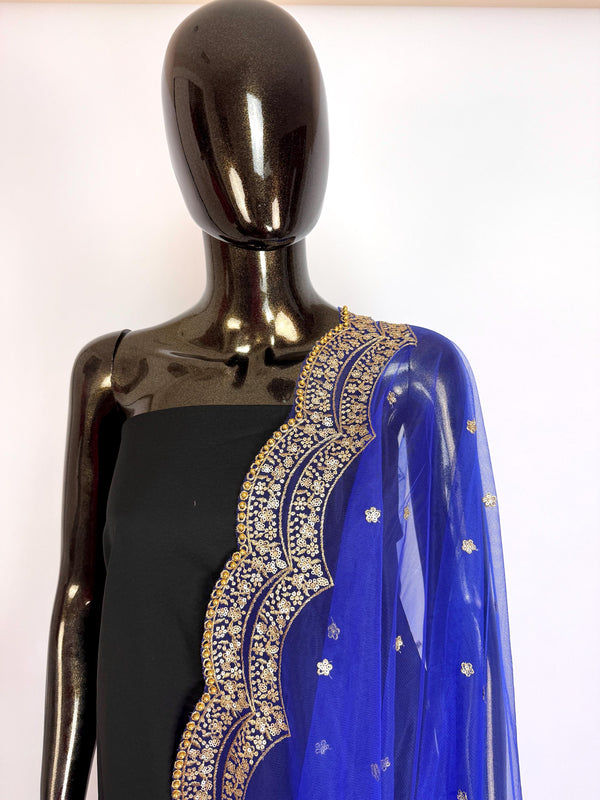 Royal Blue Color Net Dupatta with Gold Zari, Sequin and Bead  | Sequin Dupatta | Indian Dupatta for Lehanga | Weddding, Party Wear Dupatta