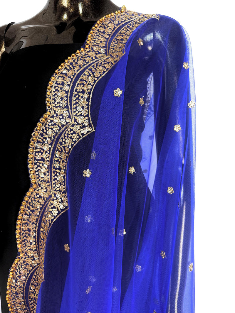 Royal Blue Color Net Dupatta with Gold Zari, Sequin and Bead  | Sequin Dupatta | Indian Dupatta for Lehanga | Weddding, Party Wear Dupatta