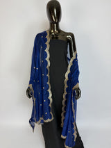 Blue Color Soft Organza Dupatta with Embroidery, Sequin and Zari on Borders with small buttis | Dupatta ships from Califonia