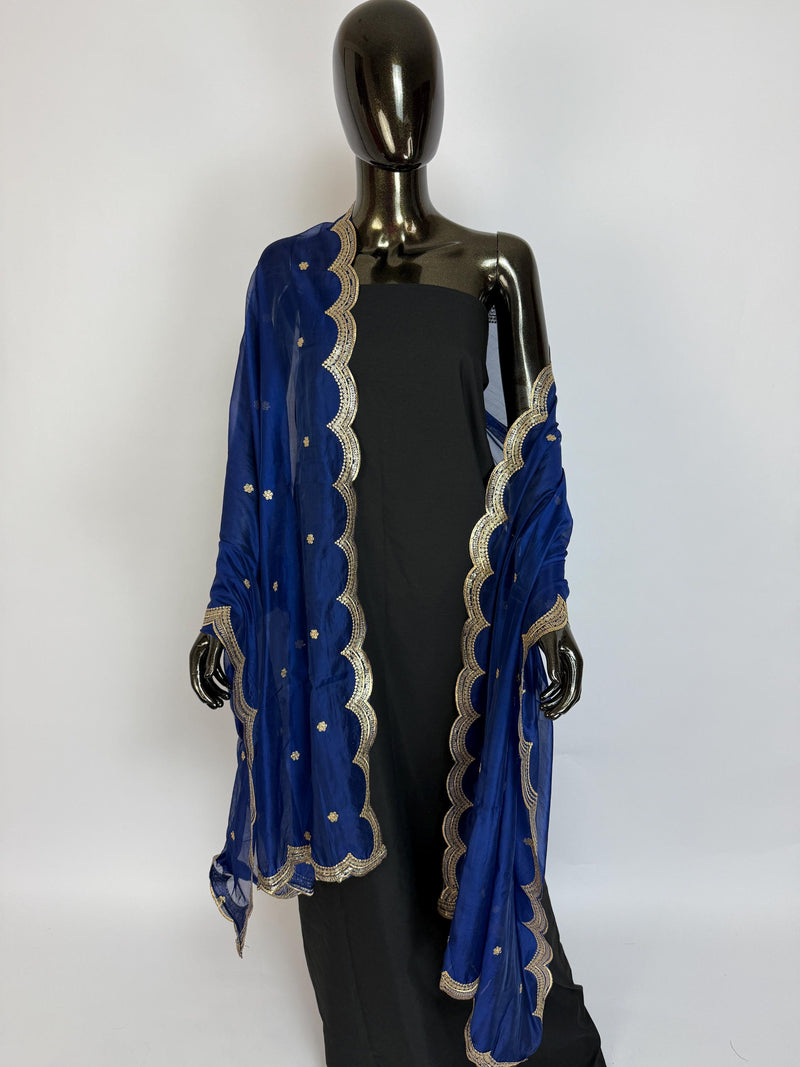 Blue Color Soft Organza Dupatta with Embroidery, Sequin and Zari on Borders with small buttis | Dupatta ships from Califonia
