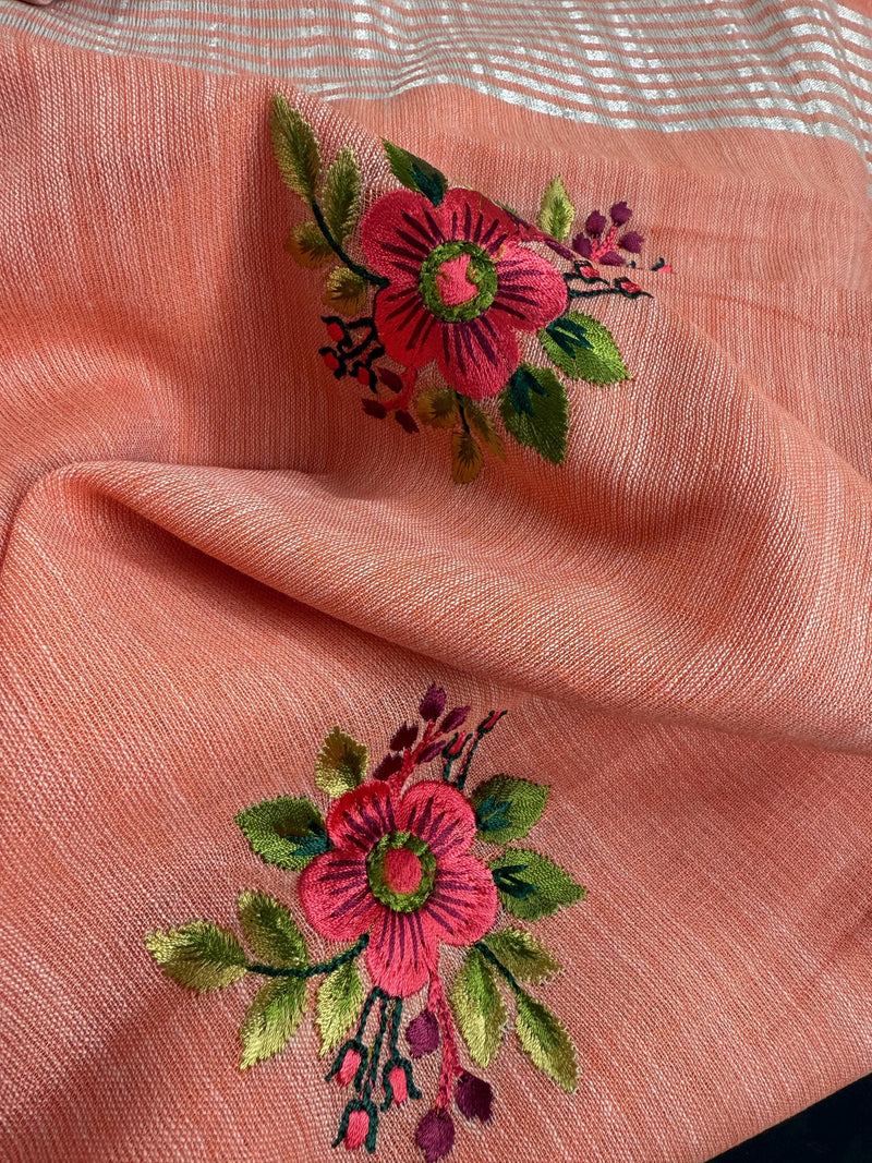 Pastel Peach Linen Silk Saree with  Floral Embroidery with Zari Work  | Linen Saree | Embroidery Saree |  Kaash Collection