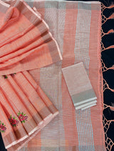 Pastel Peach Linen Silk Saree with  Floral Embroidery with Zari Work  | Linen Saree | Embroidery Saree |  Kaash Collection