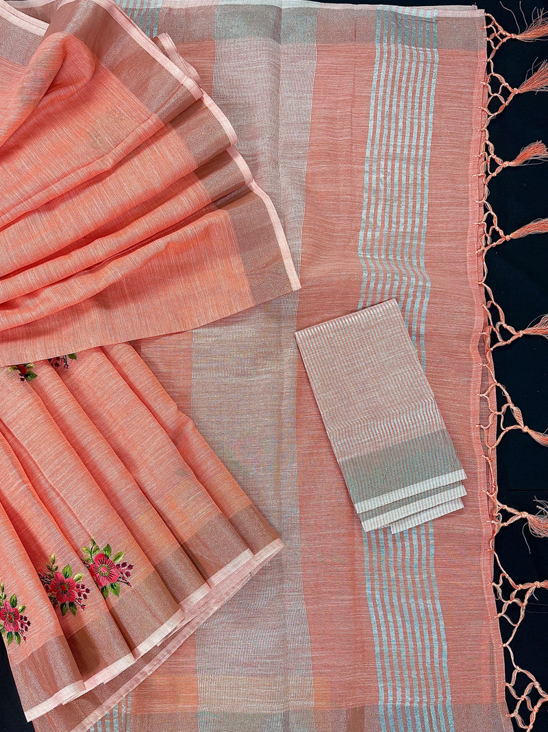 Pastel Peach Linen Silk Saree with  Floral Embroidery with Zari Work  | Linen Saree | Embroidery Saree |  Kaash Collection