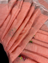 Pastel Peach Linen Silk Saree with  Floral Embroidery with Zari Work  | Linen Saree | Embroidery Saree |  Kaash Collection