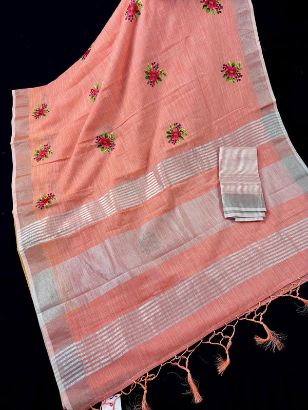 Pastel Peach Linen Silk Saree with  Floral Embroidery with Zari Work  | Linen Saree | Embroidery Saree |  Kaash Collection